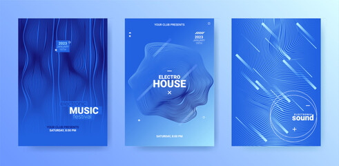 Techno Sound Flyer Set. Electro Party Poster. Dance Music Cover. Abstract 3d Background. Vector Techno Sound Flyers. Geometric Festival Banner. Gradient Wave Round. Dj Techno Sound Flyer. - 579358548
