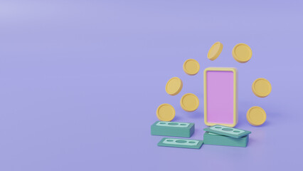 Mobile banking app money concept. Digital money, Mobile banking, Online wallet, transaction application, Transfer money via smartphone. Shopping with wireless pay. 3d rendering