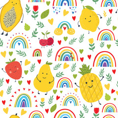 Vector tropical fruit and rainbow background with pineapple, mango, watermelon, dragon fruit, banana, papaya. Cute fruit seamless pattern with memphis style elements