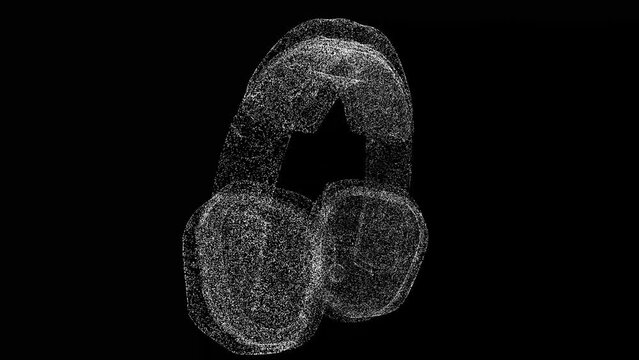 3D headphone rotates on black bg. Object dissolved white flickering particles 60 FPS. Business advertising backdrop. Science concept. For title, text, presentation. 3D animation.