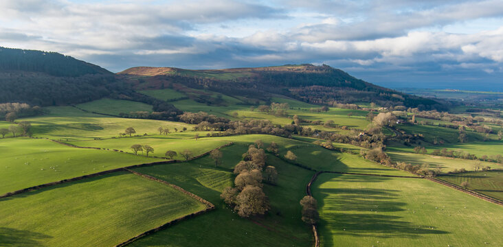 Aerial landscape showing North Yorkshire Moors in spring showing rolling hills and green fields
