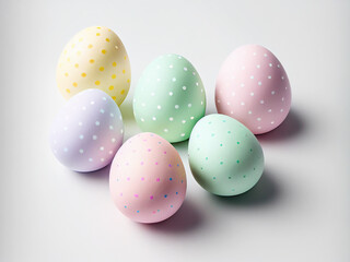 Row of colorful pastel painted easter eggs on white background for holiday concept, happy easter, Generative Ai