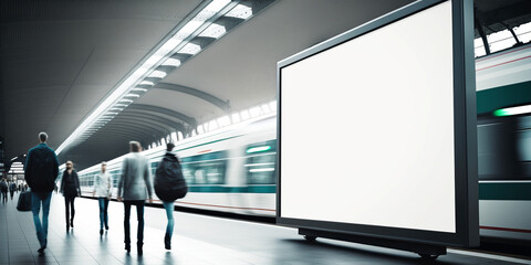 An empty blank billboard or advertising poster in a train station with blurred people. Generative ai