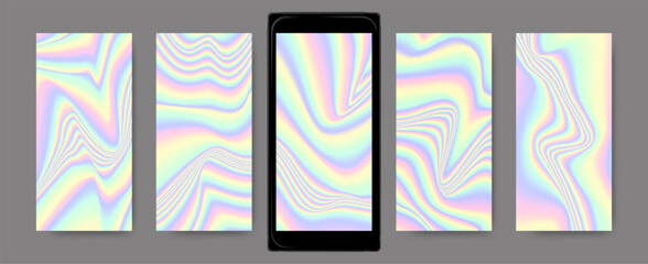 Colorful Hologram Screensaver. Abstract Vibrant Templates for Mobile. Mesh Wave Textures. Holography Backgrounds. Vector Liquid Wallpaper. Bright Gradient Fluids. Neon Holographic Set.