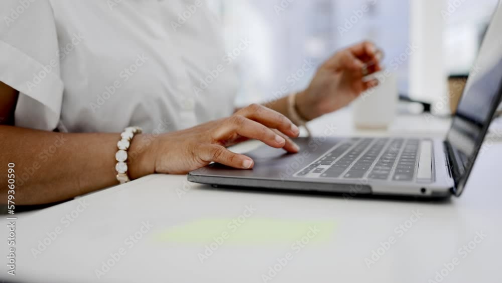 Aufkleber Hands, woman and laptop keyboard for business, planning and research on internet. Closeup worker typing on computer technology for website management, email networking and online administration notes