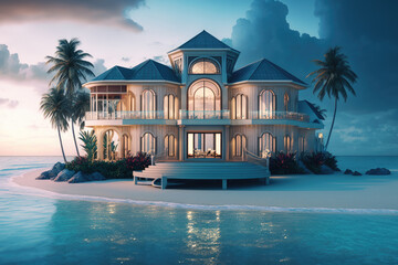 luxury house hotel on tropical beach. dreamy vacation concept. generative ai