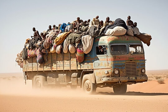 truck in Africa transporting people and bags. generative ai