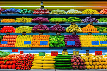 supermarket product display with food on shelves, generative ai