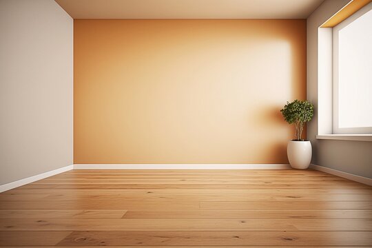 Empty Room with Yellow Walls and Wooden Floor Mockup