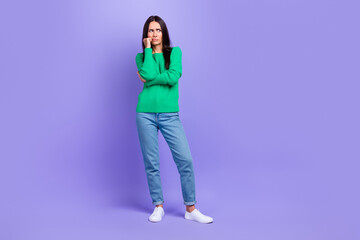 Full size photo of depressed offended lady look side hand fist on cheek show disobedience isolated...