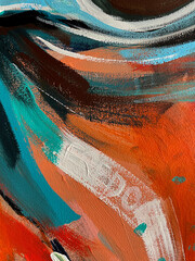 Background: brushstrokes of acrylic paint. Orange, white, turquoise, blue, black, pastel colors. Textured abstract painting