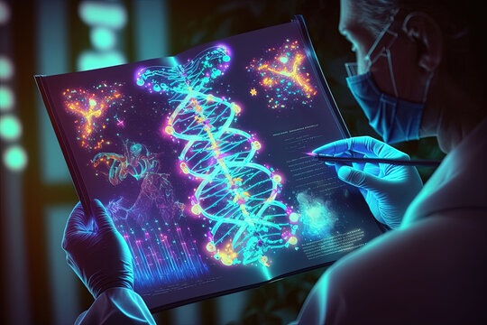 Doctor using tablet and check with analysis chromosome DNA genetic of human on virtual interface.Generative ai