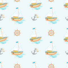 Children's illustration pattern, nautical theme, ship on waves, anchor and helm. 