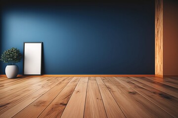 Empty Room with Dark Blue Wall and Wooden Floor Mockup