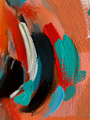 Background of acrylic brushstrokes paint. Turquoise, blue, orange, red, black, pastel colors. Painting. Abstract pattern wallpaper 
