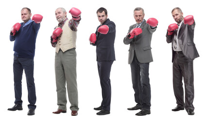 Fototapeta na wymiar collage of businessmen in boxing gloves isolated