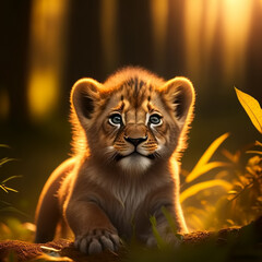 Fototapeta na wymiar Cute and adorable little lion in forest. Generative AI
