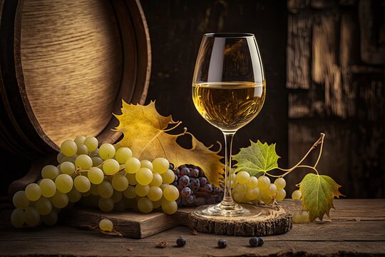 White wine with grapes from the fall, set against a worn wooden background, and a shallow depth of field. Generative AI
