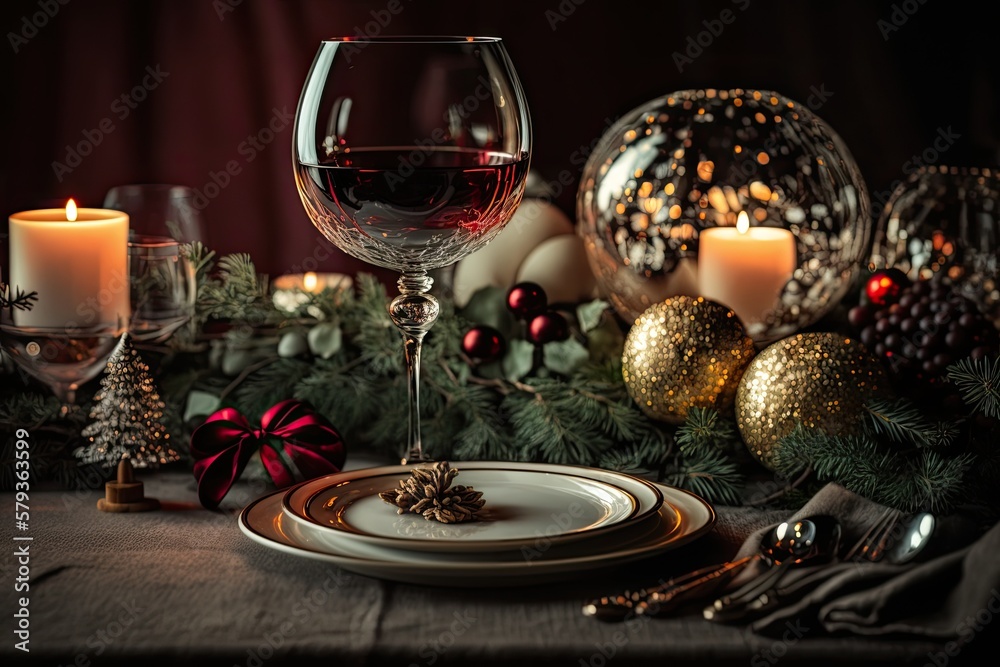 Sticker Concept of christmas, holidays, and table setting with wine glass and tableware for a celebratory meal. Generative AI