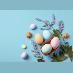 Easter colored eggs on light blue background oil painted technique illustration realistic realism photo