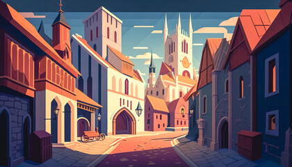 Landscape of the fabulous old town, generative AI.