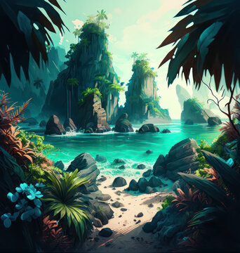 Beautiful tropical exotic beach, Thailand, Caribbean, Digital Illustration, Generative AI