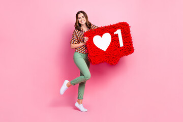 Full length photo of hipster girl hold big paper like symbol share repost youtube channel blogger...