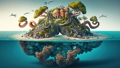 Obraz na płótnie Canvas A tropical island with a giant octopus wrapped around it, in a 3D render style