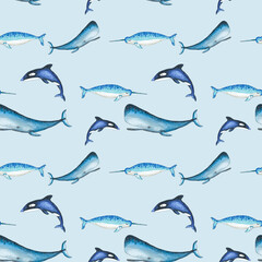 Sea animal pattern. save nature. watercolour pattern with whale, dolphin, killer whale and narwhal.