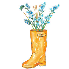 wildflowers in a yellow boot. blue flowers. spring illustration. watercolour drawing.  
