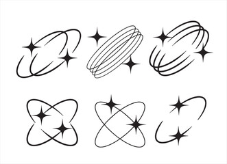 Y2K stars, starburst and retro futuristic graphic set. Trendy brutal ring collection