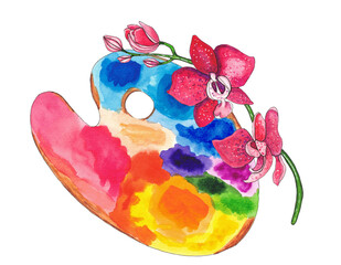 Paint and orchid palette, Hoodie print, postcard illustration,  watercolour painting