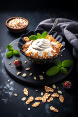 Healthy Breakfast in a Bowl Cereals, Fruits, Milk and Yoghurt , Served in Style on a Black Stone Platter Elegant Black Background. Generative AI 