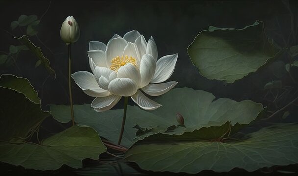  a painting of a white lotus flower with green leaves around it.  generative ai