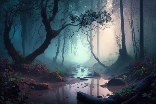 The Serene Setting of a Magic Misty Forest Generative AI
