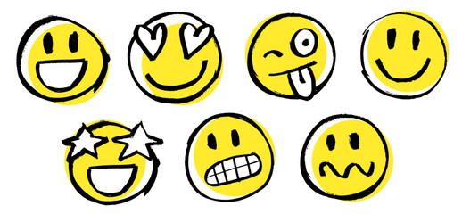 Emojis, emoticons, vector illustration. Isolated on white background. 3 colors. Characters with different reaction faces, joy, love, smile, fear, expressions drawn with marker pen. Free hand scribble