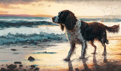  a painting of a dog standing on a beach at sunset.  generative ai