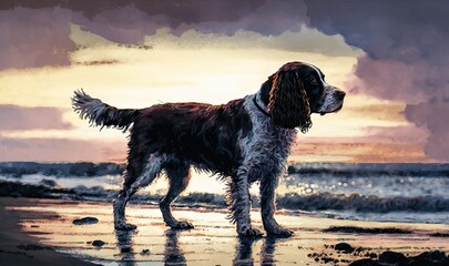  a painting of a dog standing on a beach at sunset.  generative ai