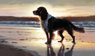  a painting of a dog on a beach at sunset with the ocean in the background.  generative ai