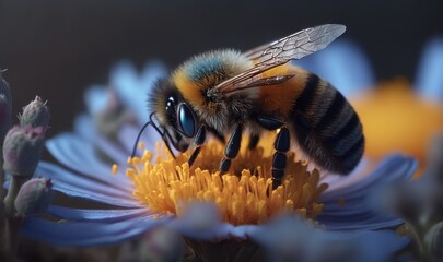  a bee sitting on top of a flower with blue flowers.  generative ai