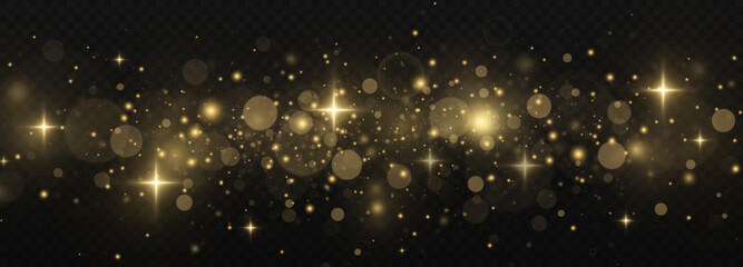 Fototapeta na wymiar Glowing dust particles effect. The dust sparks and golden stars shine with special light on a transparent background. Christmas concept. Golden luminous dust.