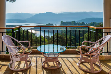 A view of the Umiam Lake from the balcony, Shillong, Meghalaya, India