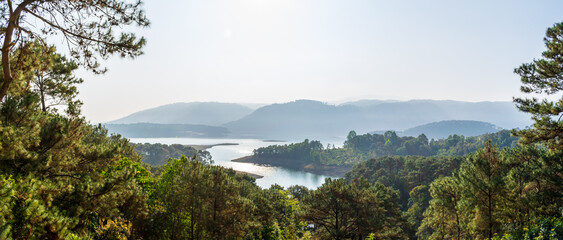 A panoramic view of the Umiam Lake from Ri Kynjai Resort, Shillong, Meghalaya, India