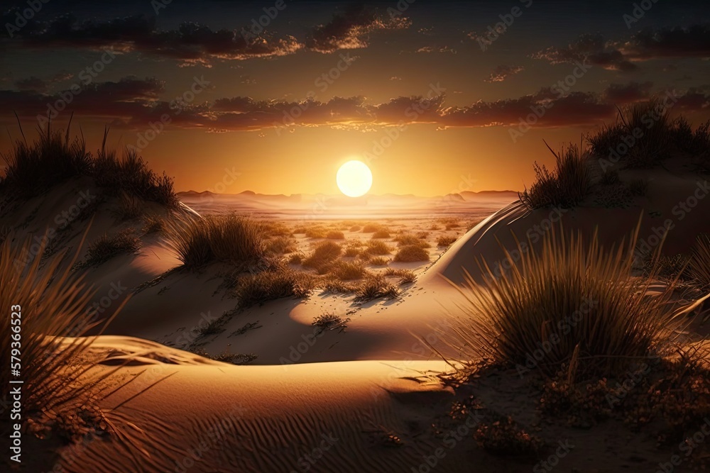 Canvas Prints view of the sun setting over the dunes at sunset. generative ai