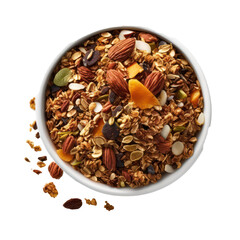 Granola grains with mixed fruit for ads banner,packaging. Transparent background. Generative AI.