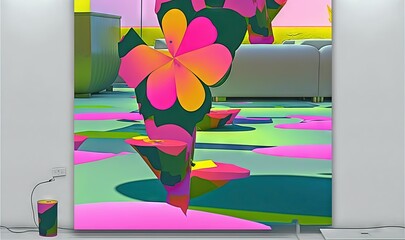  a painting of a flower in a room with a couch.  generative ai