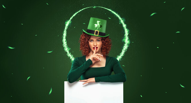 St Patrick Day. Download a photo in high resolution for advertising a beer party in a bar, night club, cafe or restaurant. Sexy oktoberfest woman on green background with banner for copy space.