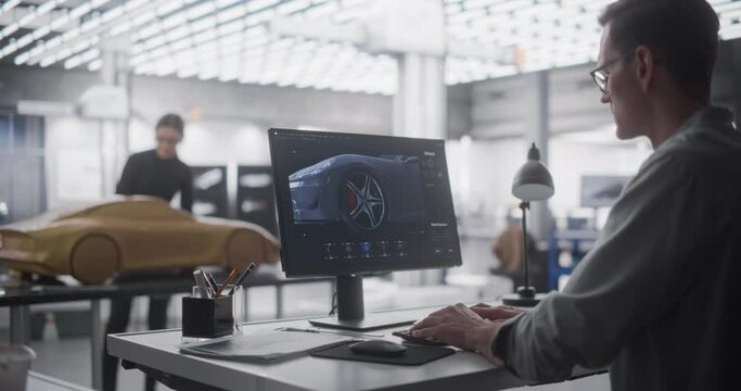 Automotive Designer Working on a Desktop Computer with 3D CAD Software with Prototype Car Design. Digital Artist Creating a Concept Vehicle in a Studio. Modeler Working on Clay Model in the Background