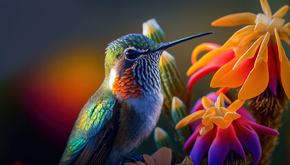 Hummingbird flying to pick up nectar from a beautiful flower. Digital ai artwork