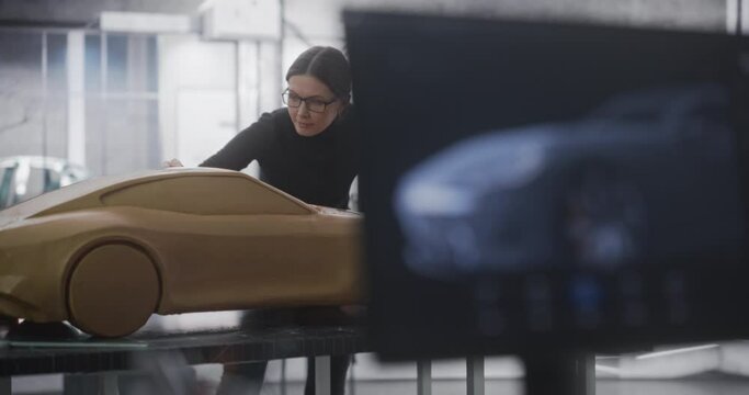 Automotive Designer Using 3D Software on Computer. Close Up on Screen Switching to Female Modeler Creating a Clay Model of the Car. Team of Young Specialists Working in a Modern Product Design Agency